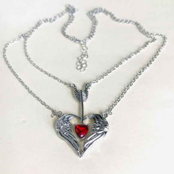 Red Heart CZ Arrow Through Heart Pendant Multilayer Clavicle Chain - Picture 2 of 3